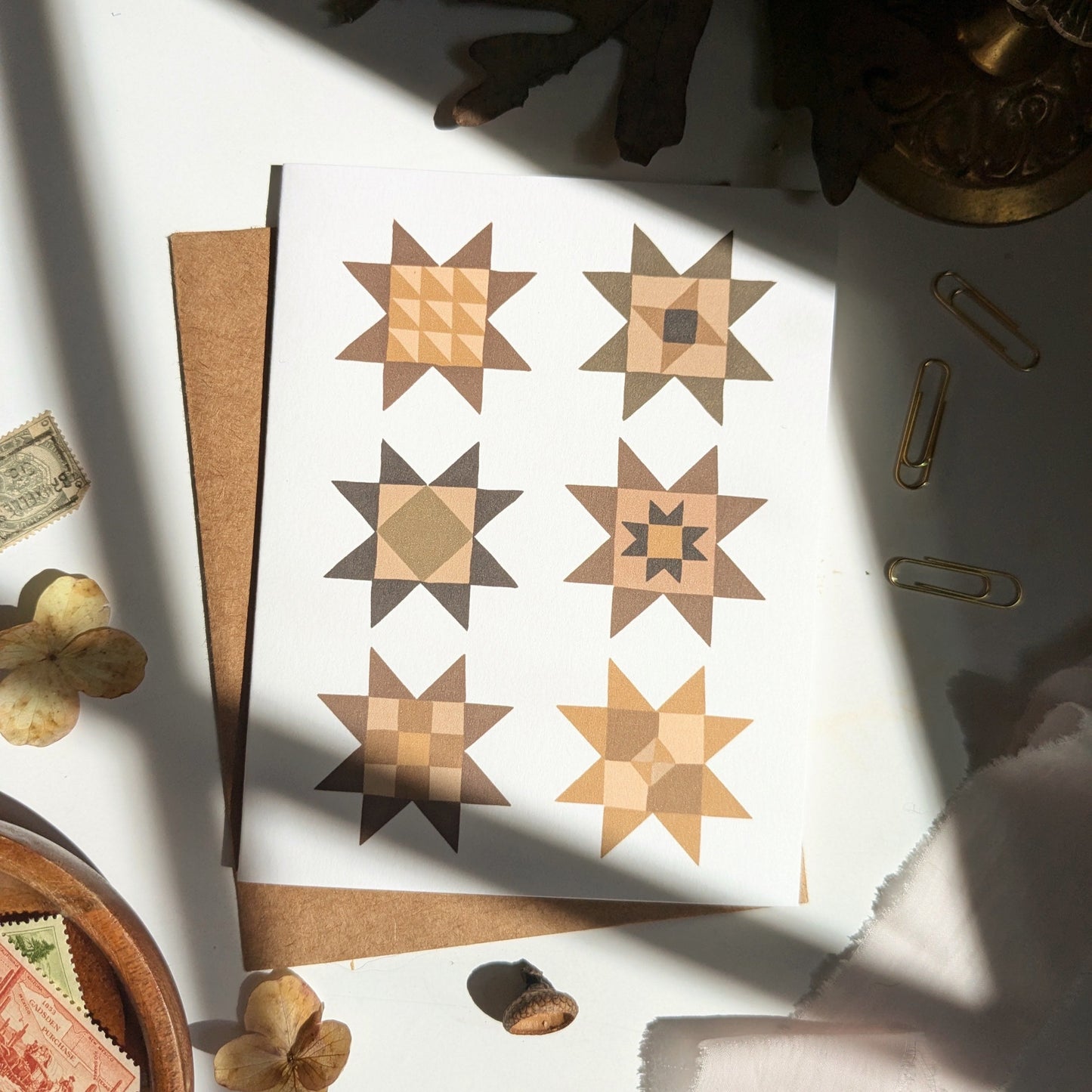 Neutral Quilt Stars Greeting Cards | Set of Four Quilt Block Notecards